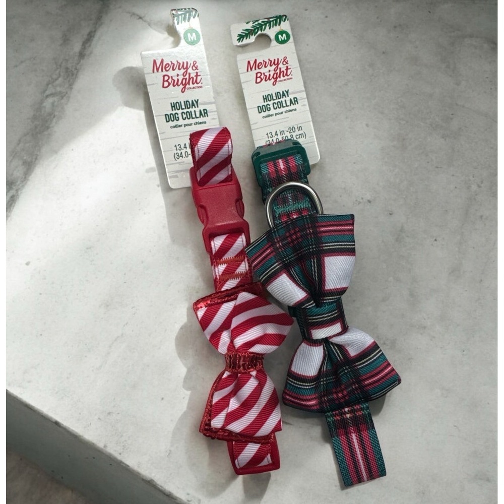 Lot Of 2 Merry & Bright Adjustable Christmas Red Green Dog Sripes W/ Bow Sz M